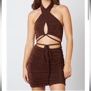 Isalis Brown Cut Out Tie Mini Dress